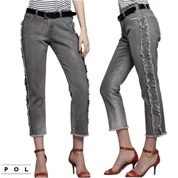 NWT POL Ruffle Side Crochet Trim Mid Rise Cropped Gray Denim Jeans - Picture 1 of 9